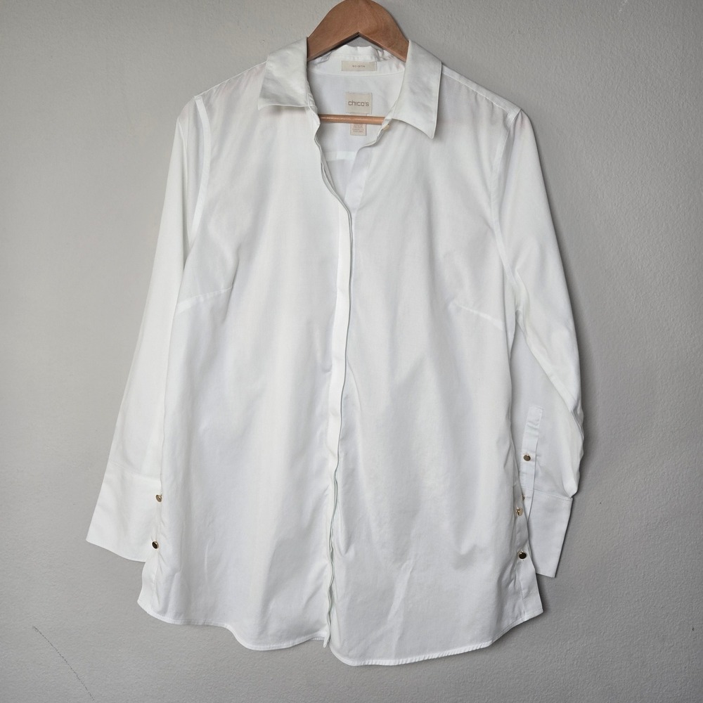 Chico's Button Down Shirt Women 2 White No Iron Gold Hardware Long Sleeve Blouse